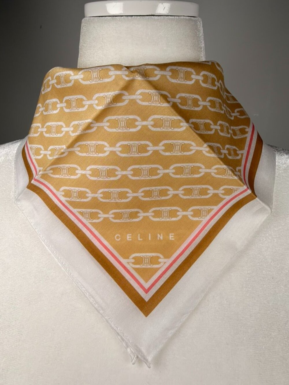Vintage Celine Chain Print Scarf / Handkerchief – Tan/White – 19.75" x 19.5"